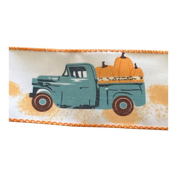 Fall Pumpkin Truck Ribbon 🎃 2.5” Wired Ribbon for Autumn Wreaths & Crafts - Picture 3 of 4